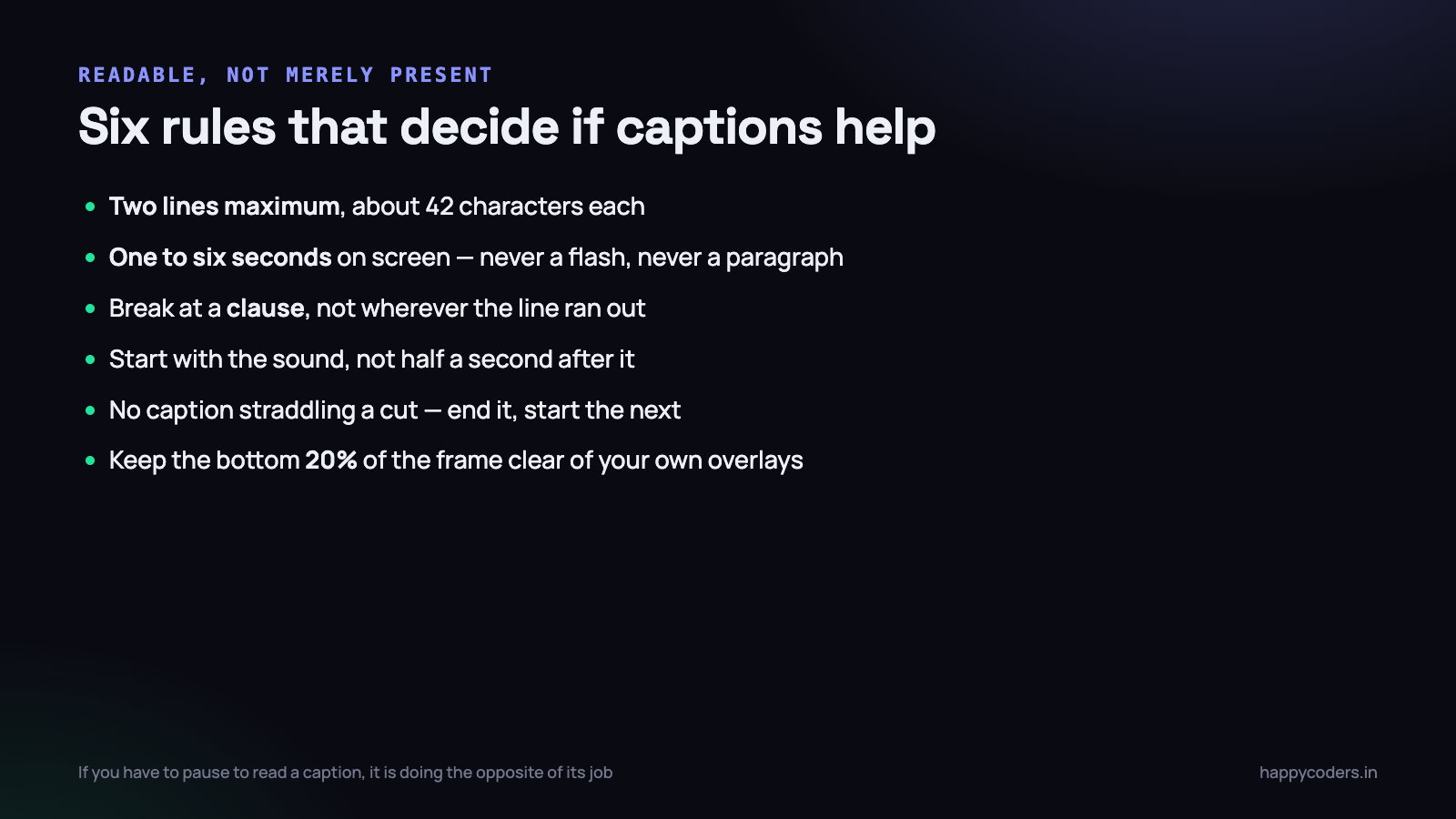 None of these are stylistic preferences. Each one has a measurable effect on whether captions get read.