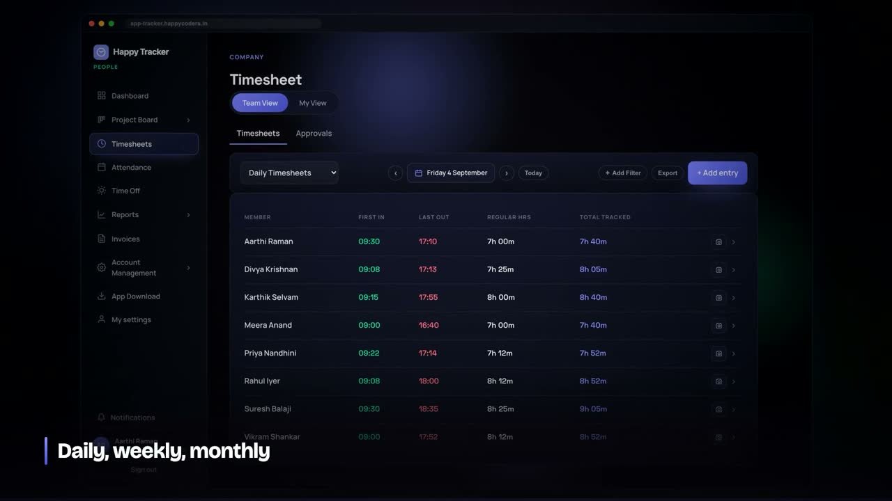 Weekly timesheet built from tracked time