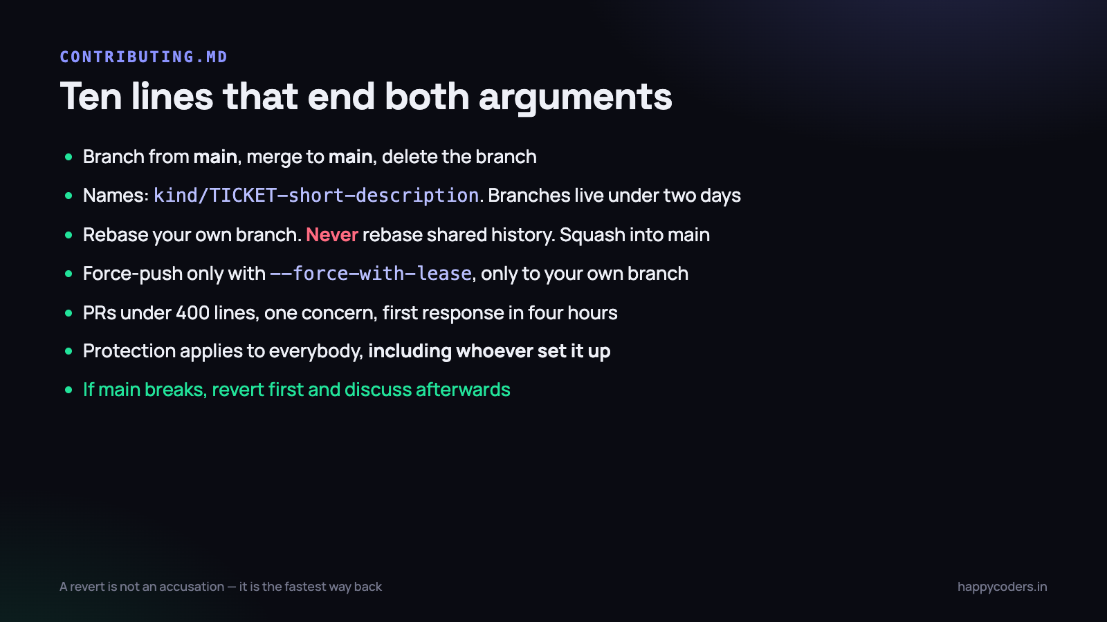 Ten lines in CONTRIBUTING.md. Each one removes a recurring argument.