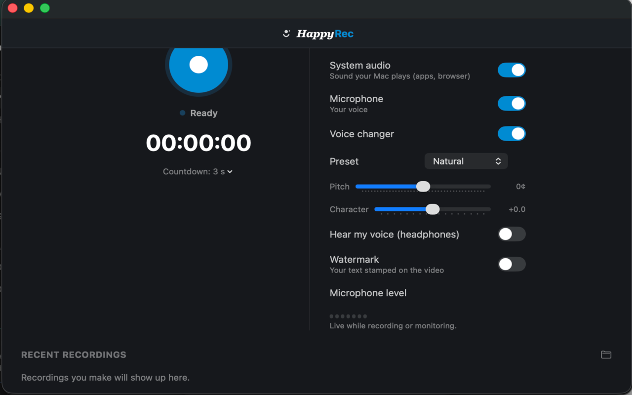 System audio, microphone, voice changer and watermark