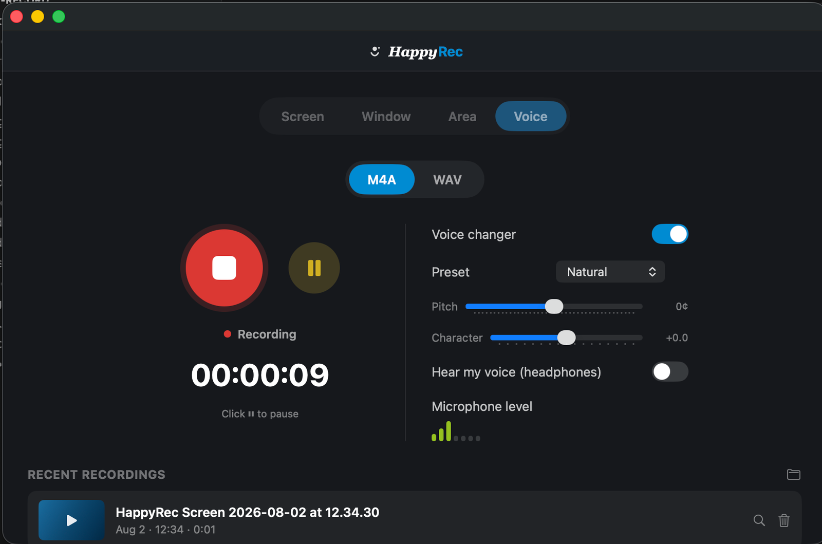 The level meter while recording voice
