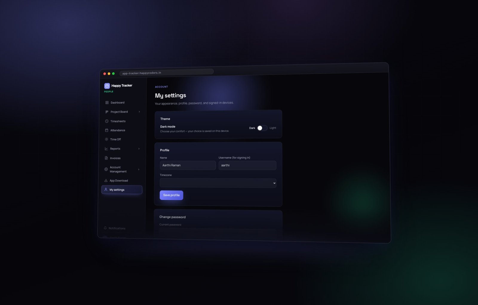 Every member controls their own profile, password and signed-in devices.