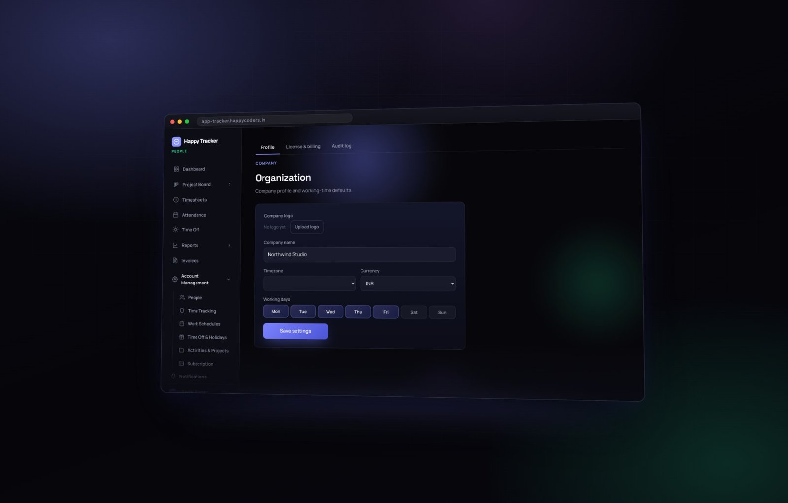 The organisation page — profile, licence and the audit log.