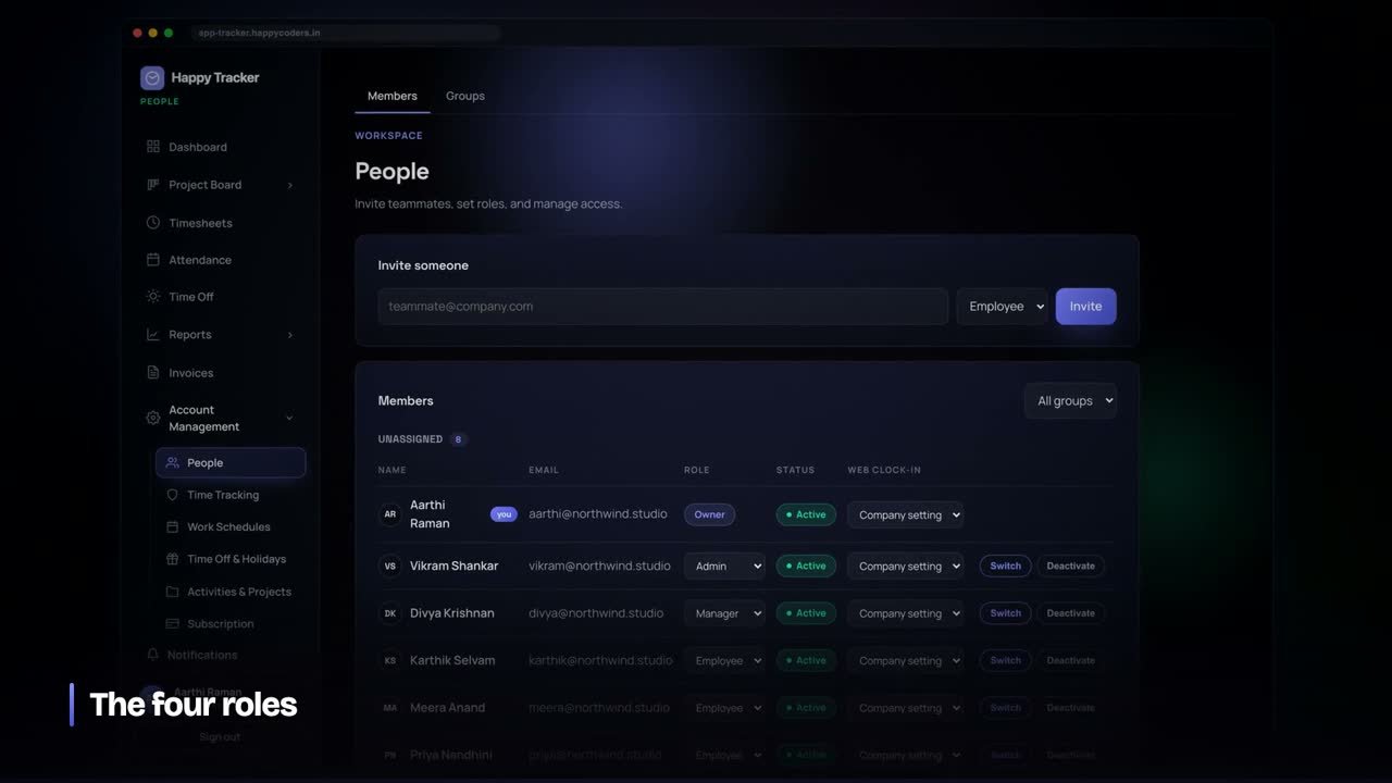 Happy Tracker roles: owner, admin, manager, employee