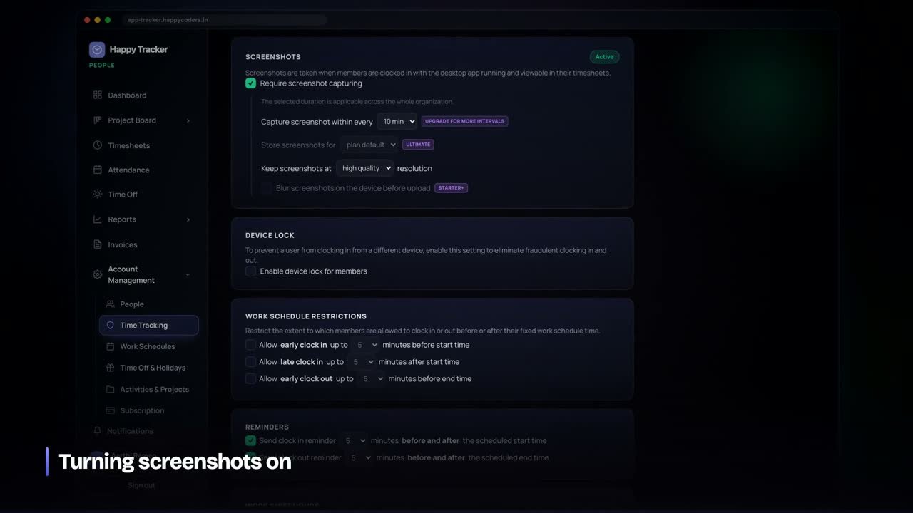 Happy Tracker screenshot settings: interval, blur and retention