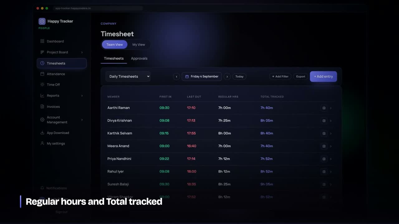 Happy Tracker timesheet day expanded into work sessions