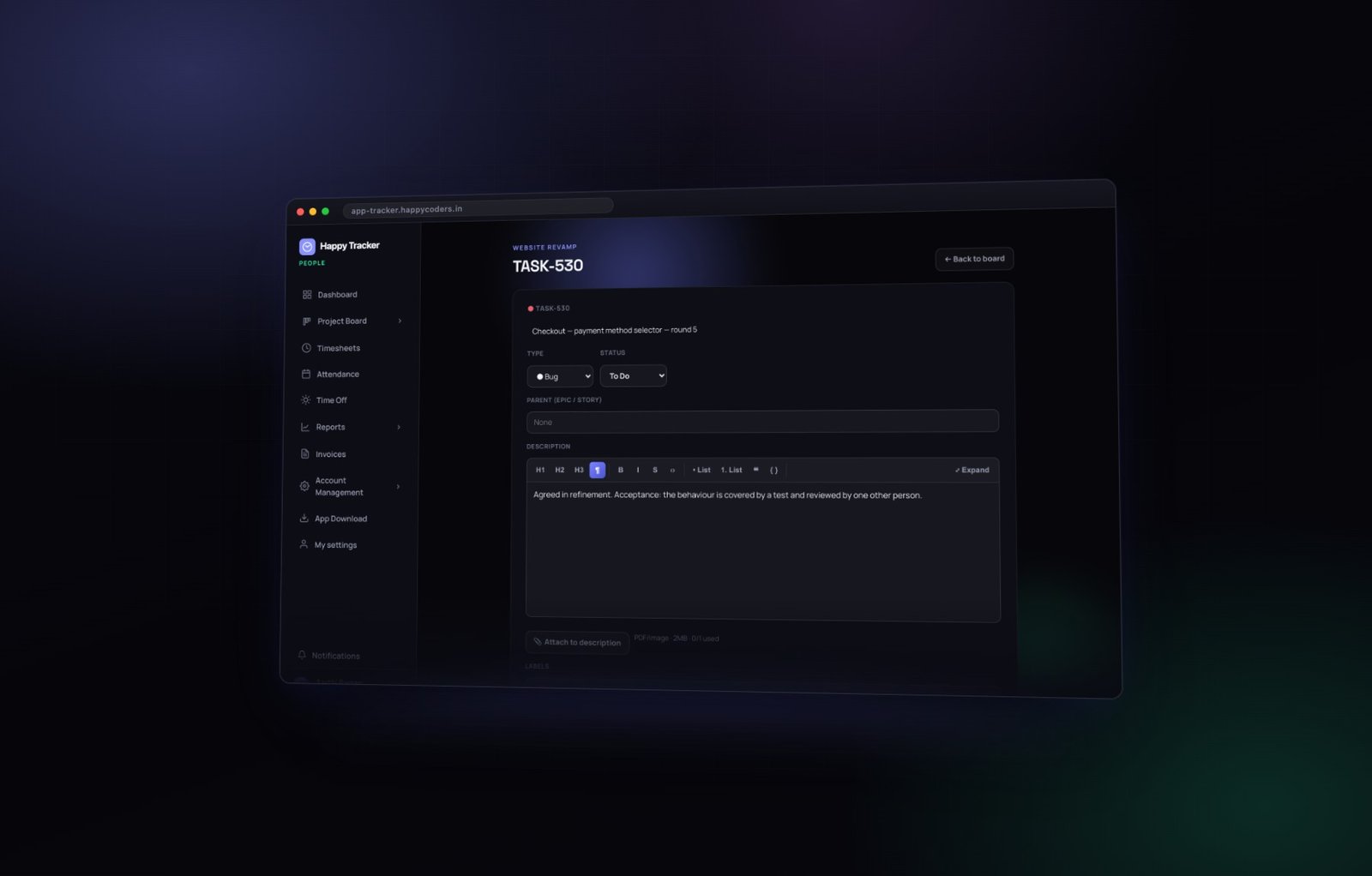A task opened — type, status, parent, and the description editor.