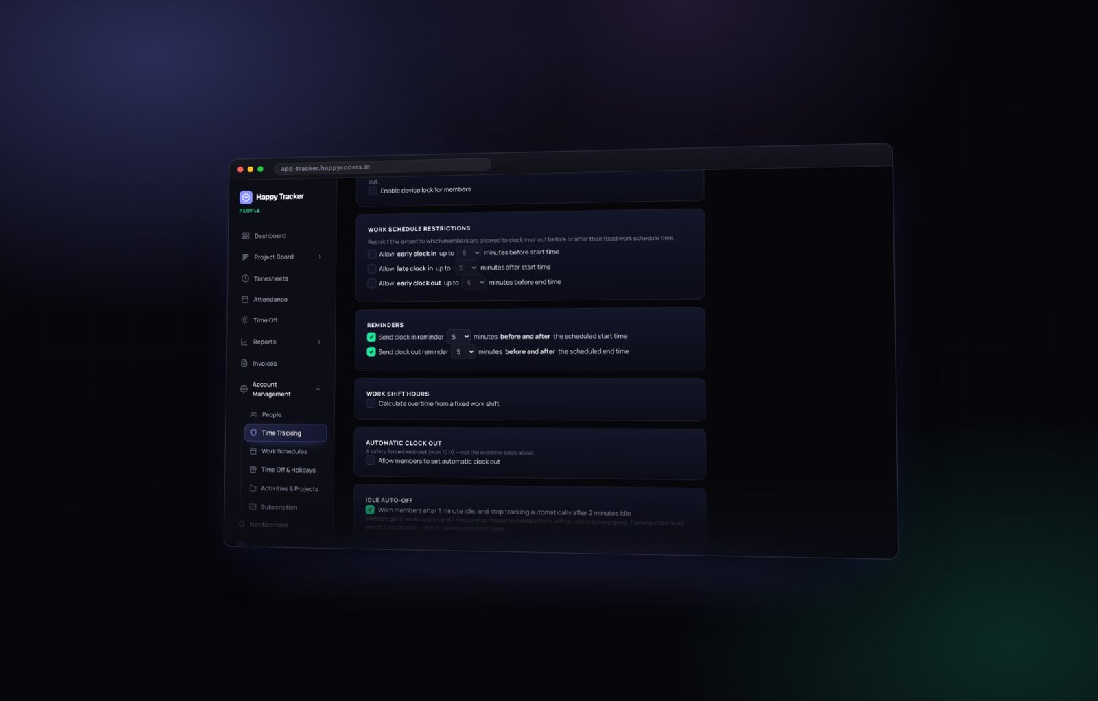 Automatic clock out and idle auto-off — the two settings that stop recording for you.