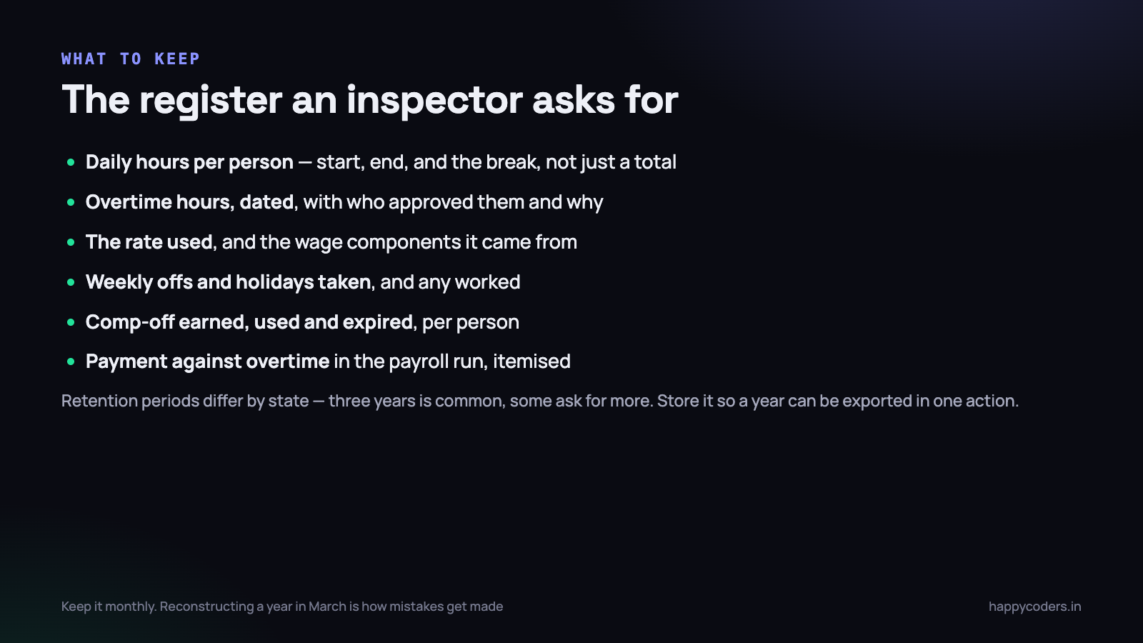 Keep these six things monthly and the register is a report rather than a reconstruction.