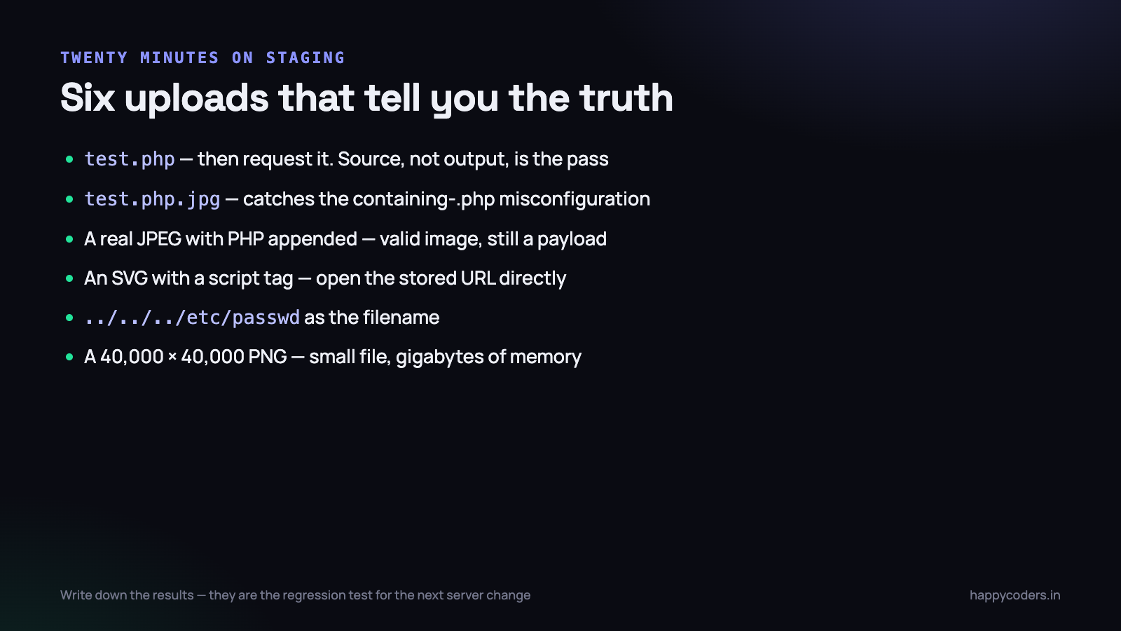 Six uploads that tell you whether your endpoint is actually safe.