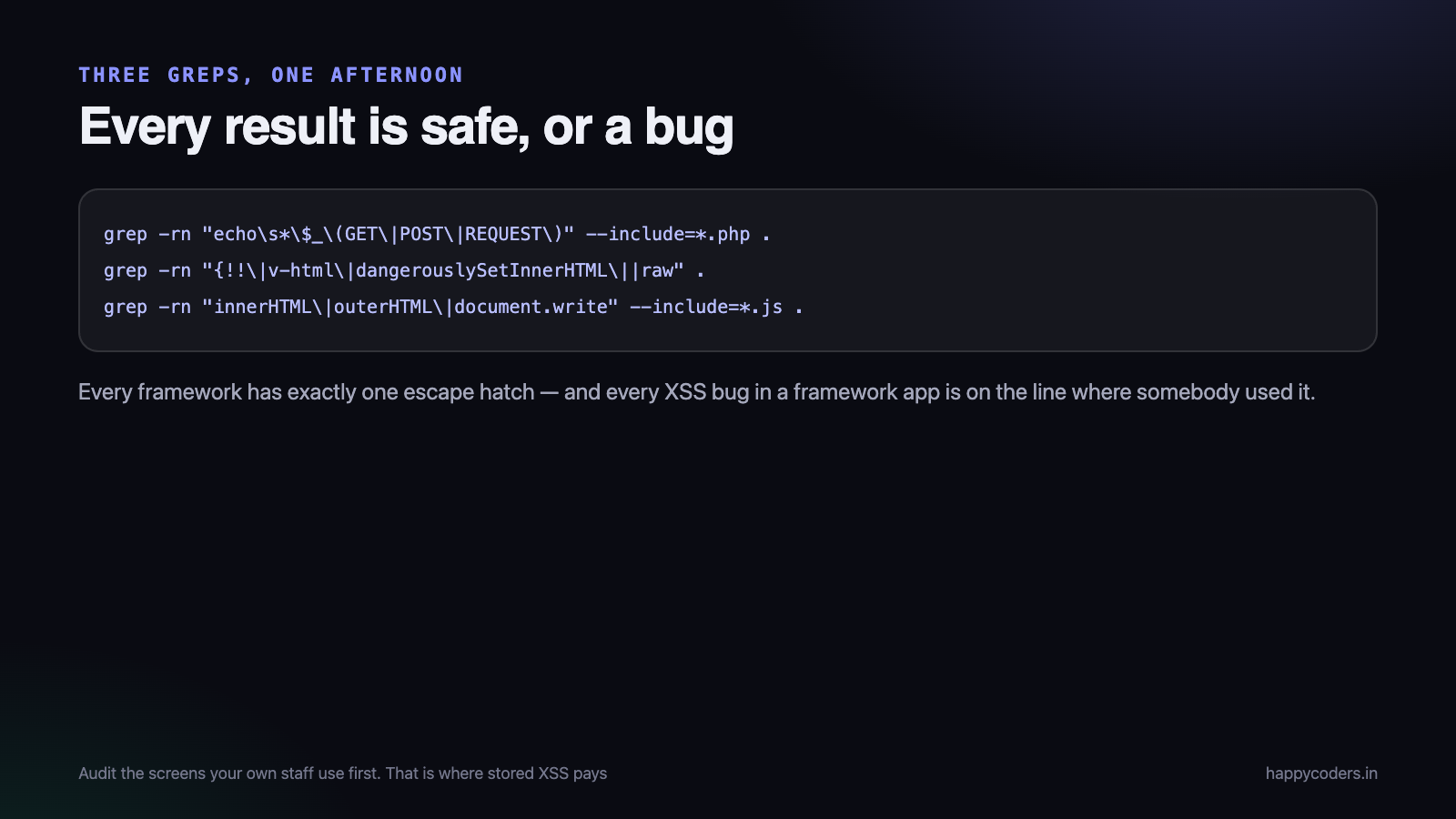 Three greps, and every result is either safe or a bug.