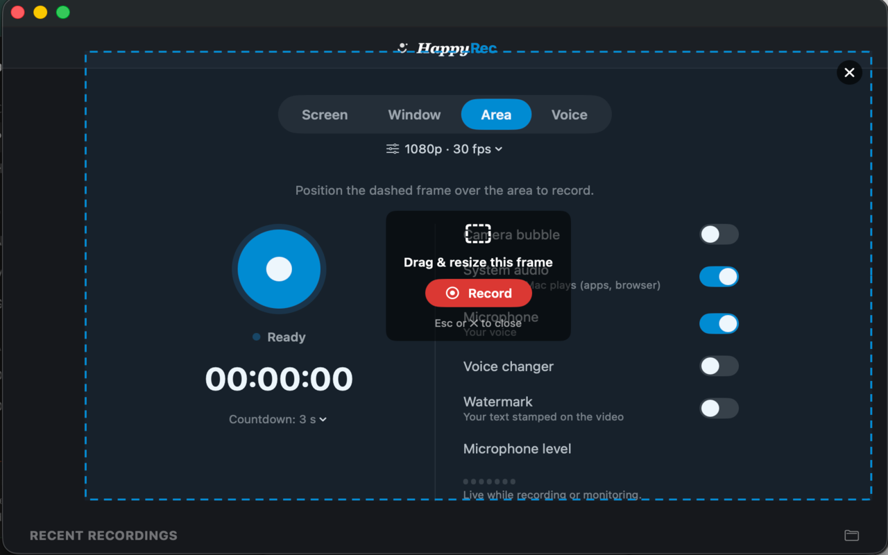 Recording a dragged area of the screen in HappyRec