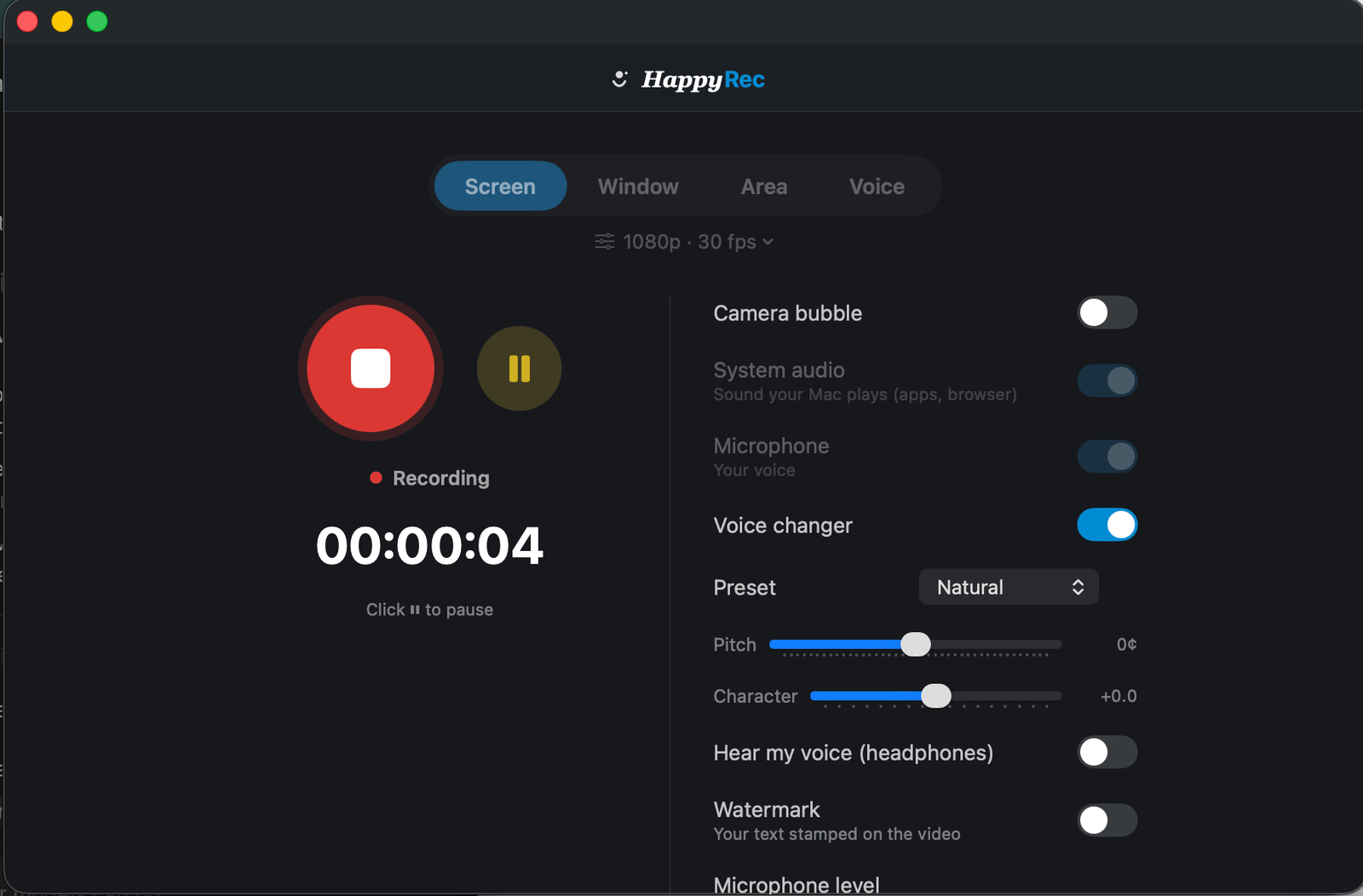 A HappyRec recording in progress, with pause and stop