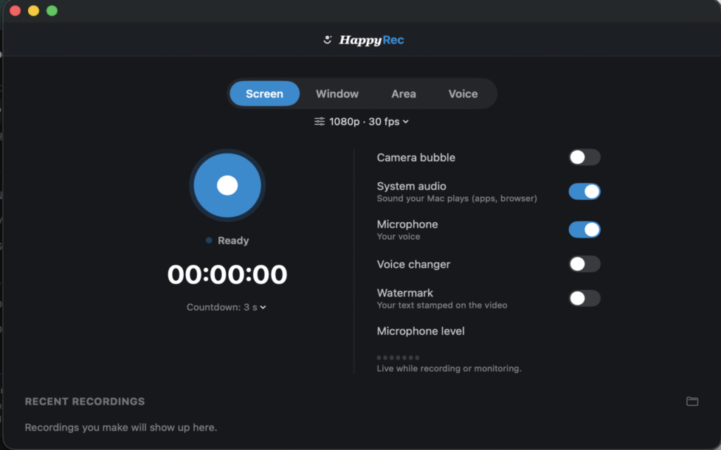 HappyRec ready to record on a Mac