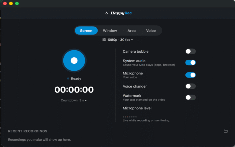 HappyRec ready to record on a Mac