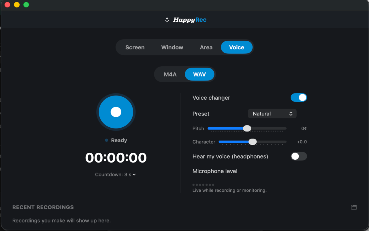 Voice-only recording with the voice changer in HappyRec