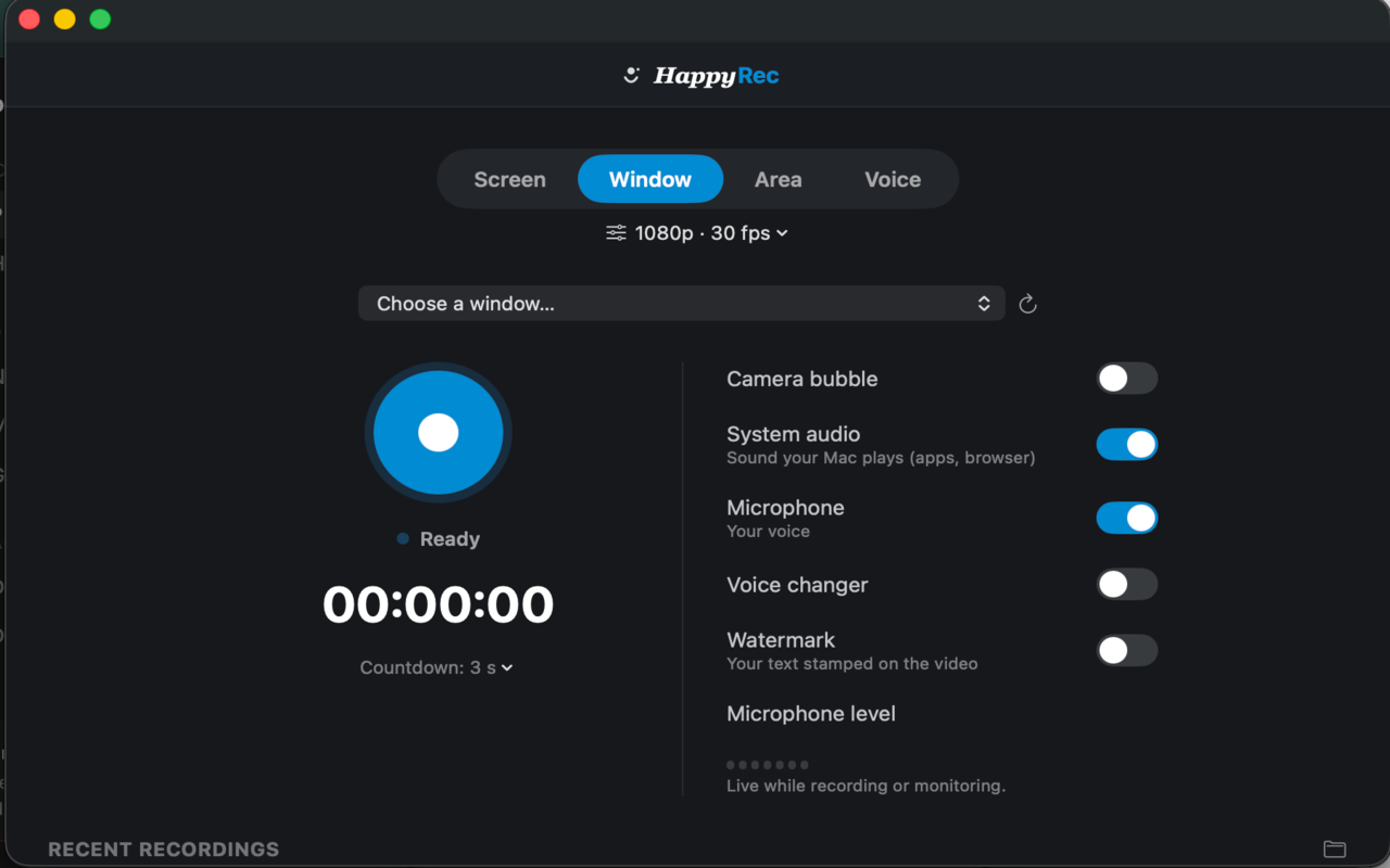 Recording a single window in HappyRec