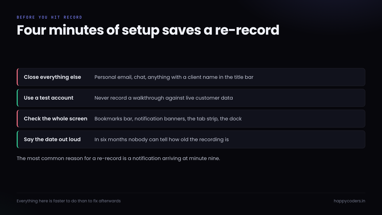 Four setup steps to complete before starting a handover recording.