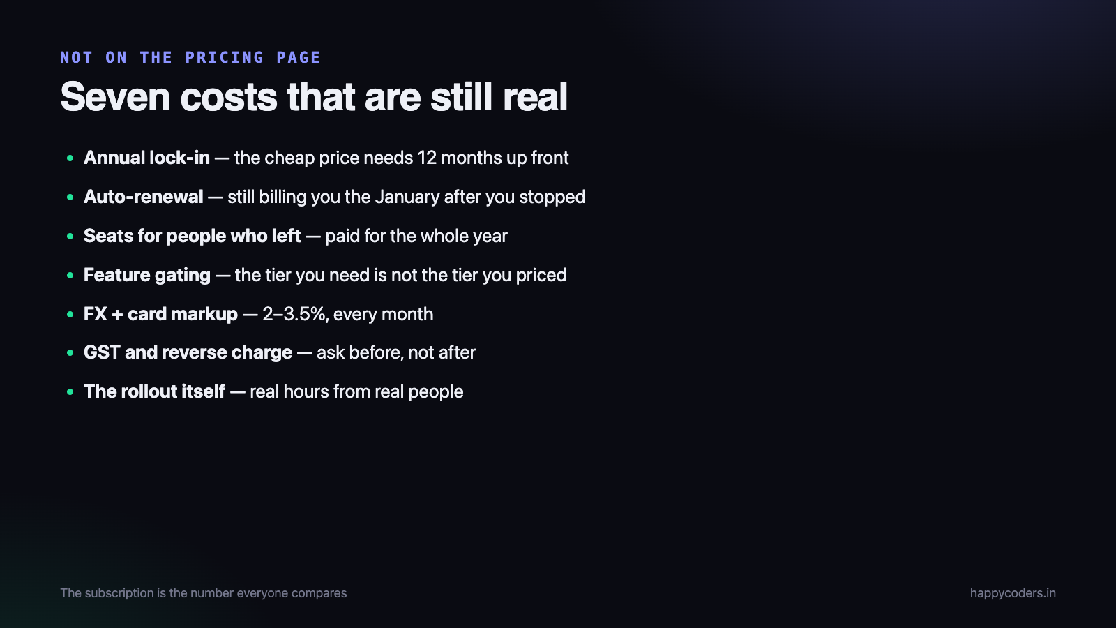 Seven costs that are real and are not on any pricing page.